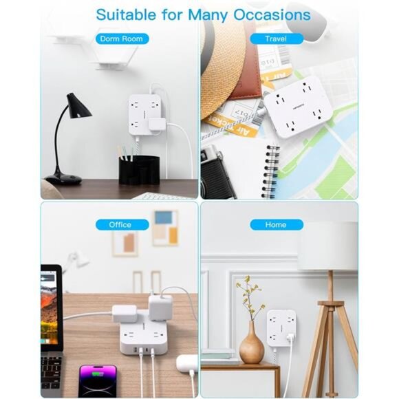 Flat Plug Extension Cord, 5ft Power Strip with 4 USB Ports(2 USB C), 4 Widely - Picture 7 of 8